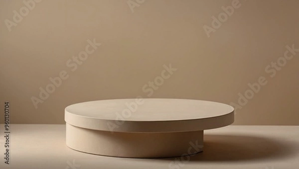 Fototapeta A minimalist beauty pedestal with vacant cosmetic platforms on a beige background, ideal for product displays with space for text.
