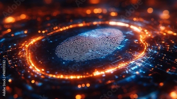 Fototapeta Detailed closeup of a digital fingerprint scanner processing biometric data