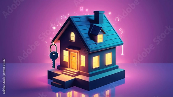 Fototapeta A house icon floating inside a glowing key, representing unlocking the opportunity to sell a home