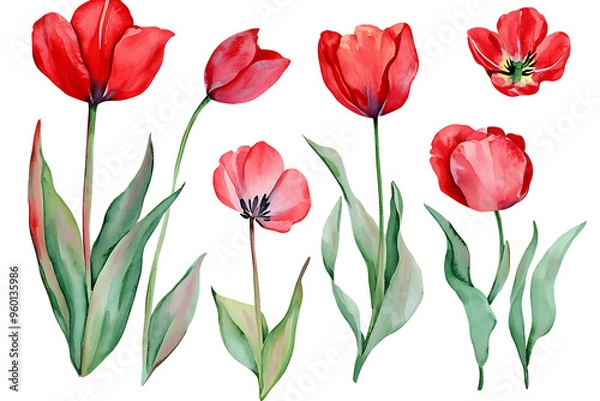 Fototapeta A watercolor painting depicting red tulips with green leaves on a white background.