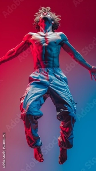 Fototapeta Male dancer in a dynamic mid-jump pose with arms outstretched, wearing a light blue shirt and rolled up trousers. Expressive, muscular and powerful,
