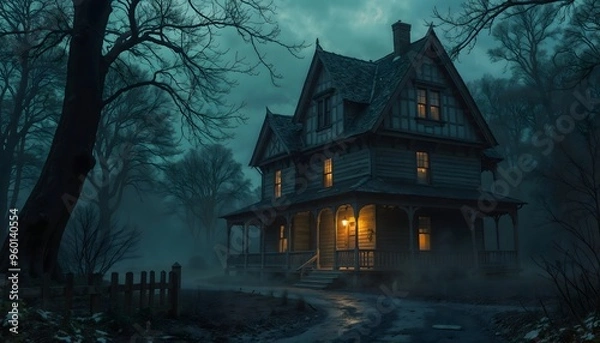 Obraz A spooky Victorian house illuminated from within on a misty night, surrounded by dark trees and mist, creating a haunting atmosphere.
