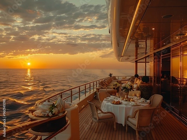 Obraz Guests enjoy an elegant dining experience on the yacht deck, surrounded by comfortable seating and stunning views of the vibrant sunset and sea
