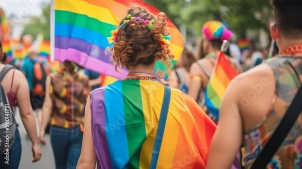 Obraz A vibrant LGBTQ pride parade showcases participants dressed in colorful attire, waving rainbow flags. The back view of a person with a rainbow cape emphasizes the joyful and inclusive atmosphere of