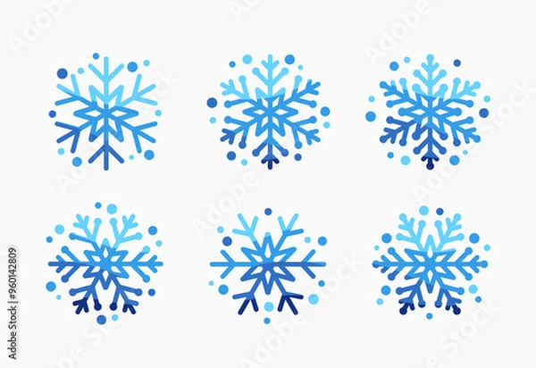 Fototapeta Snowflakes blue lines and circles. Cute snow flake collection isolated on white background. Nice snowflakes collection for Christmas cards or banners