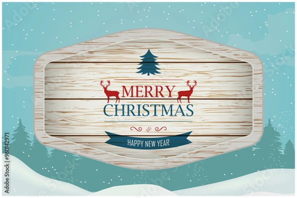 Fototapeta Realistic wooden sign. Christmas decorations and design elements. Vector illustration