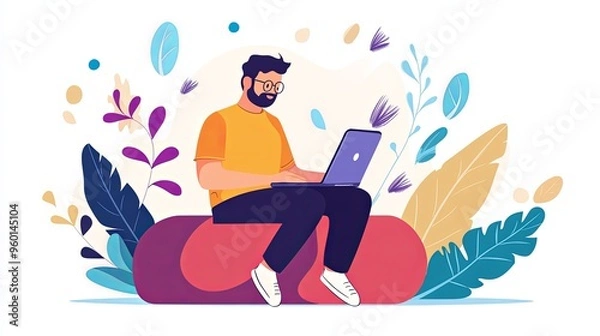 Fototapeta An elegant minimalist scene featuring a focused writer wearing glasses, deeply immersed in drafting a manuscript on a laptop, set within a serene and stylish writing nook