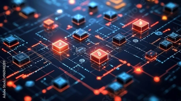 Fototapeta Diagram explaining how blockchain technology works including blocks chains nodes and the concept of decentralized ledgers with icons and brief descriptions