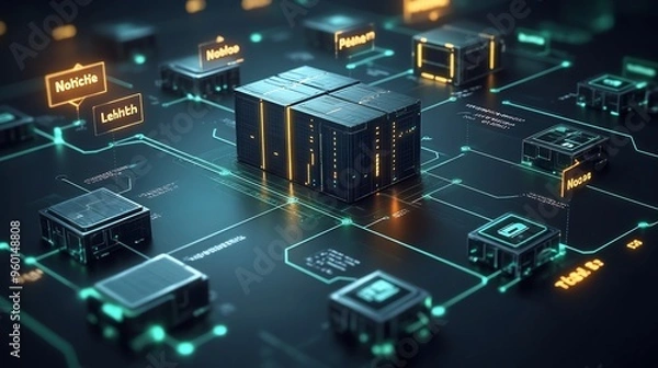 Obraz Diagram explaining how blockchain technology works including blocks chains nodes and the concept of decentralized ledgers with icons and brief descriptions