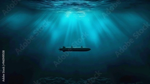 Obraz A sleek submarine glides silently through the deep blue waters, beams of light piercing the ocean's surface above.