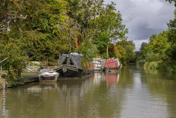 Obraz Moored narrowboats on a canal in England