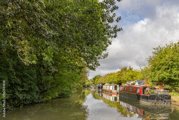 Obraz Moored narrowboats on a canal in England
