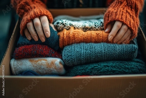 Fototapeta A cozy image featuring hands in knitted gloves arranging folded sweaters in a box, showcasing warm colors and textures perfect for the colder months