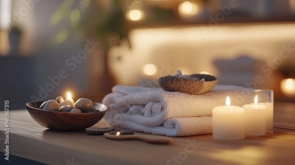 Fototapeta A serene spa setting with towels, candles, and stones for relaxation and wellness.
