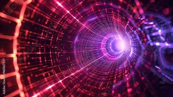 Obraz A vibrant tunnel of light showcasing intricate patterns in red, purple, and blue, representing energy and motion in digital art.