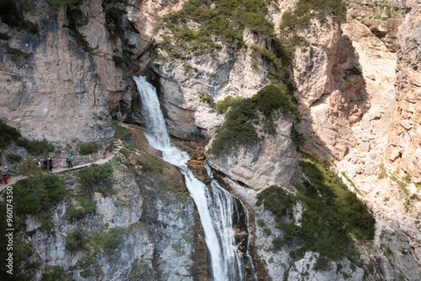 Obraz aerial view of the waterfalls produced in the val di fanes veneto with people on the via ferrata
