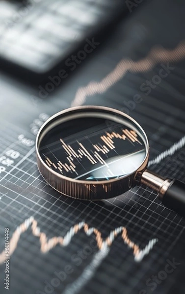 Obraz A close-up view of a magnifying glass over a financial graph, illustrating detailed analysis and data visualization.