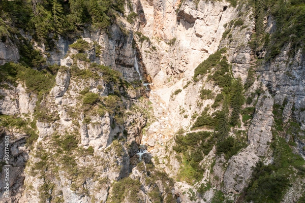 Obraz panoramic aerial view of the canyon iand waterfalls in val di funes veneto italy
