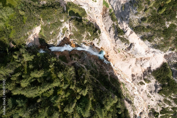 Obraz vertical aerial view of the waterfalls in the val di funes veneto italy
