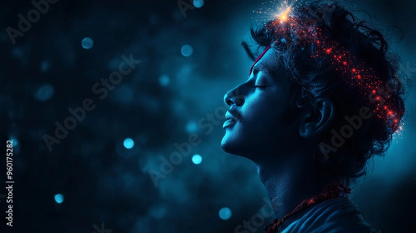 Fototapeta Krishna's form glowing softly against a dark sky, with distant stars forming a halo around his head.