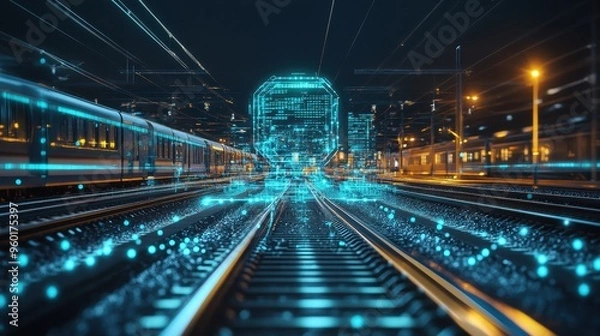 Fototapeta Futuristic Train Station with Digital Transformation Concept