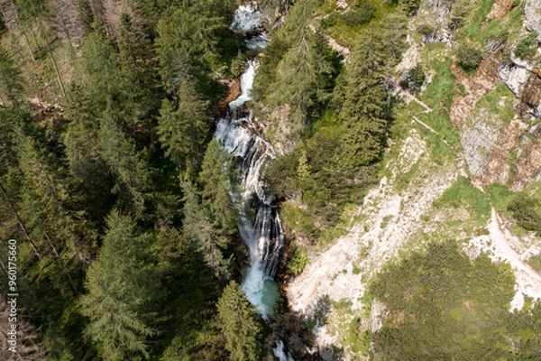 Obraz closeup aerial view of waterfalls and trail in val di fanes veneto italy