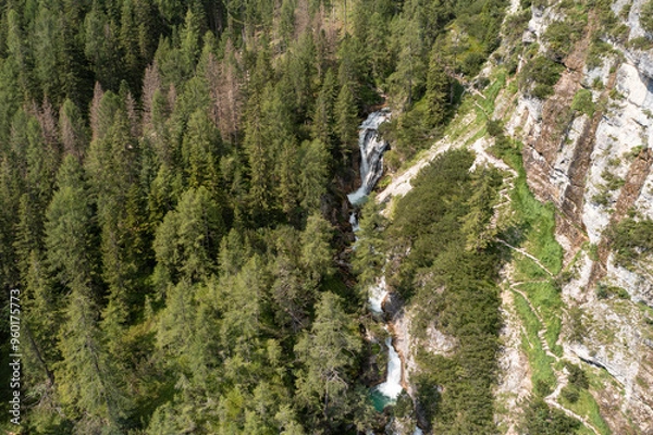 Obraz aerial view of one of the waterfalls in the val di fanes trentino alto adige italy