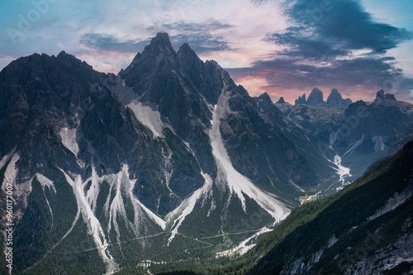 Obraz distant aerial view of the three peaks of lavaredo trentino alto adige italy