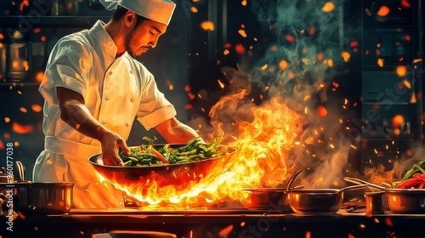 Obraz Chef Cooking with Fire in Wok