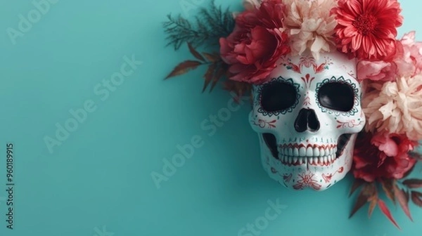 Fototapeta A vibrant depiction of a skull adorned with vivid flowers against a teal background, merging themes of life and death with artistic flair in a modern setting.