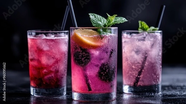 Fototapeta Three refreshing cocktails with ice, garnishes, and straws presented against a dark backdrop, showcasing vibrant colors and cool, enticing beverages perfect for any occasion.