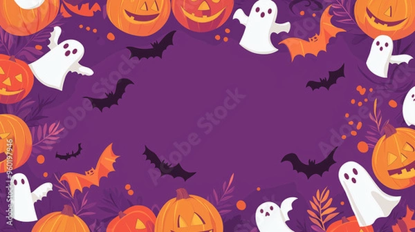 Fototapeta Flat illustration of ghosts and pumpkins for the holiday with bats on a purple background with copy space in the center, orange accents and a festive mood. Halloween concept.