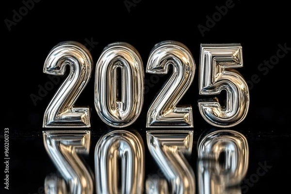Fototapeta Reflective metallic 2025 New Year number sign