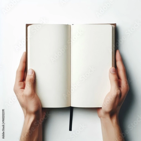 Fototapeta Hands holding blank book with white empty background, top view on transparent background PNG
