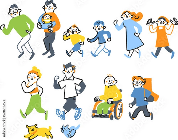 Obraz 社会と共生　社会に生きる様々な人々が歩い前進しているセットのストックイラスト素材