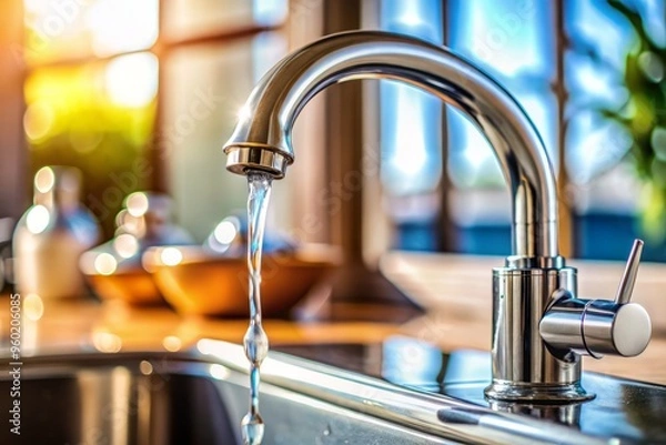 Fototapeta Water's rhythmic beat resonates as a lone faucet drips, forming a symphony of tiny droplets against the sink's