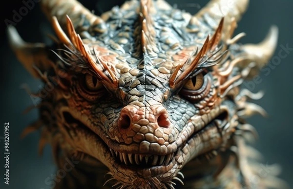 Fototapeta Close-up of a dragon's head featuring a sharp tooth.