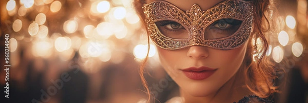 Fototapeta 	A woman in a glittering, ornate mask at a masquerade ball. The soft, glowing lights in the background add a sense of mystery and elegance to the scene.