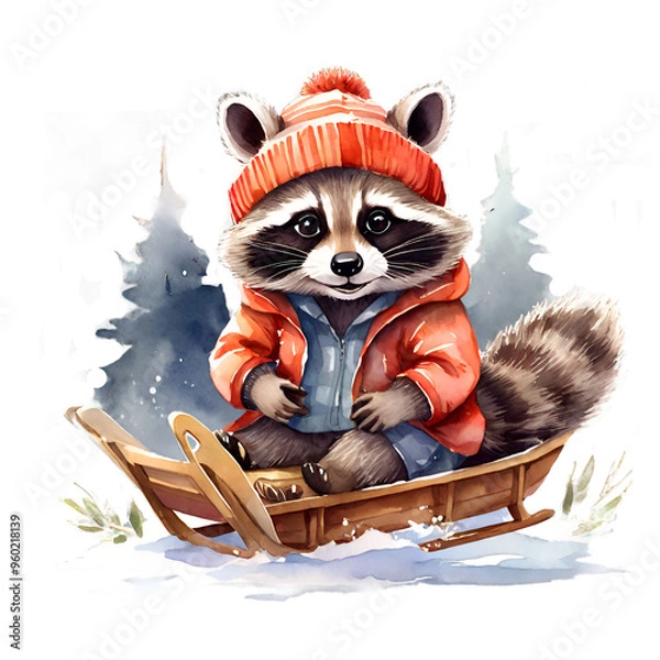 Obraz A raccoon is sledding