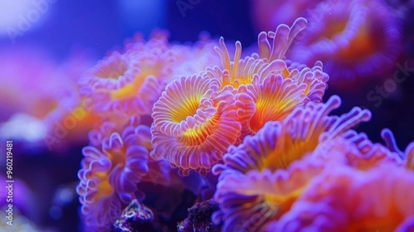Obraz Stunning close-up of Goniopora sp. coral, showcasing its unique, flower-like polyps and vibrant colors, with a gentle flow of water adding motion
