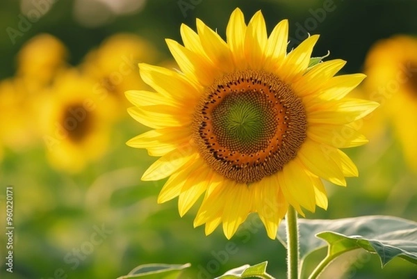 Obraz A close-up view of a sunflower in bloom, standing out under the sunlight in a vast field of sunflowers, exuding brightness.