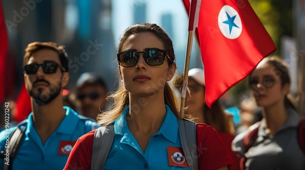 Fototapeta A group of people marching with flags in a public demonstration.
