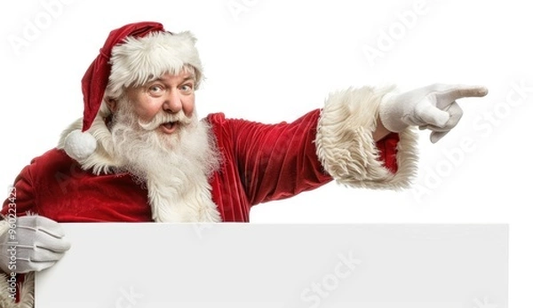 Obraz Photo of a Santa with white gloves and red suit peeking over the edge on a side, pointing at empty space for text or product in the center.