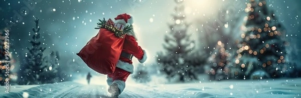 Fototapeta Prompt Santa Claus is running with his huge red bag of gifts on the snow, creating an atmosphere full of Christmas lights and joy.
