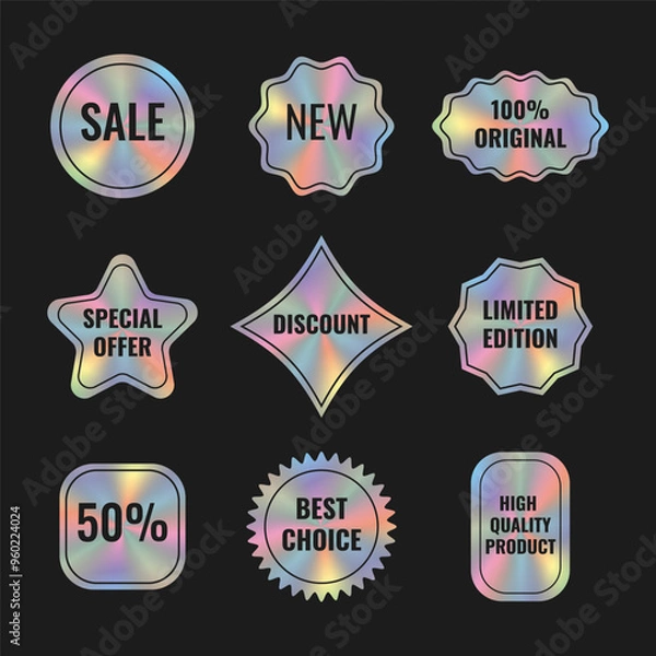 Fototapeta Set of holographic stickers for sale. Vector illustration with iridescent foil adhesive film