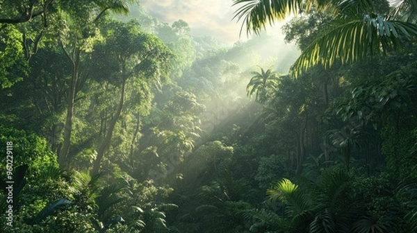 Fototapeta A panoramic view of a tropical jungle with towering trees and dense foliage.