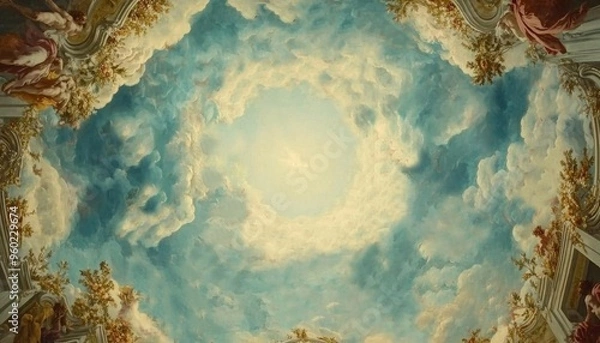Fototapeta Celestial Baroque Masterpiece: Dramatic Blue Sky Ceiling Fresco with Ornate Frame. Elegant Trompe l'Oeil Mural Depicting Heavenly Figures in Azure Expanse. Cultural Icon of Faith and Inclusivity, Perf