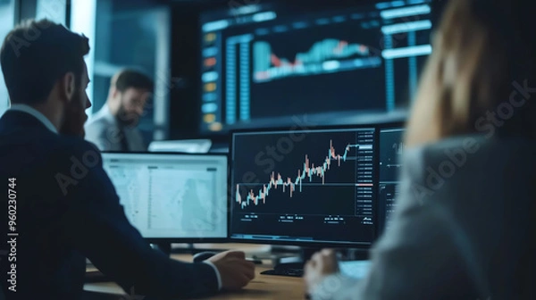 Fototapeta Business professionals analyze stock market data on multiple screens, showcasing financial trends and growth.