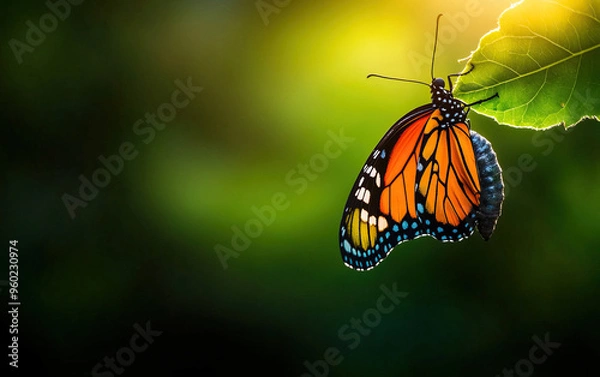 Obraz A vibrant butterfly perched delicately on a green leaf, showcasing stunning orange and black wings against a soft, blurred background.