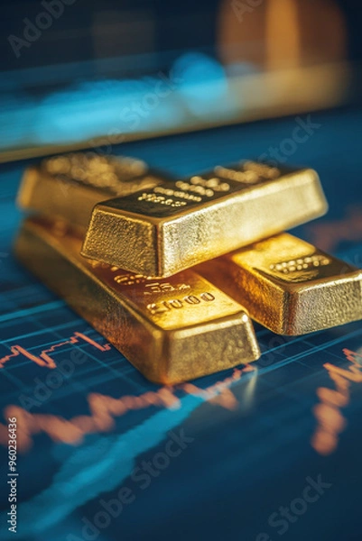 Fototapeta Wealth Management,  Gold bars alongside stock market charts represent the growth and management of personal investments, highlighting financial prosperity